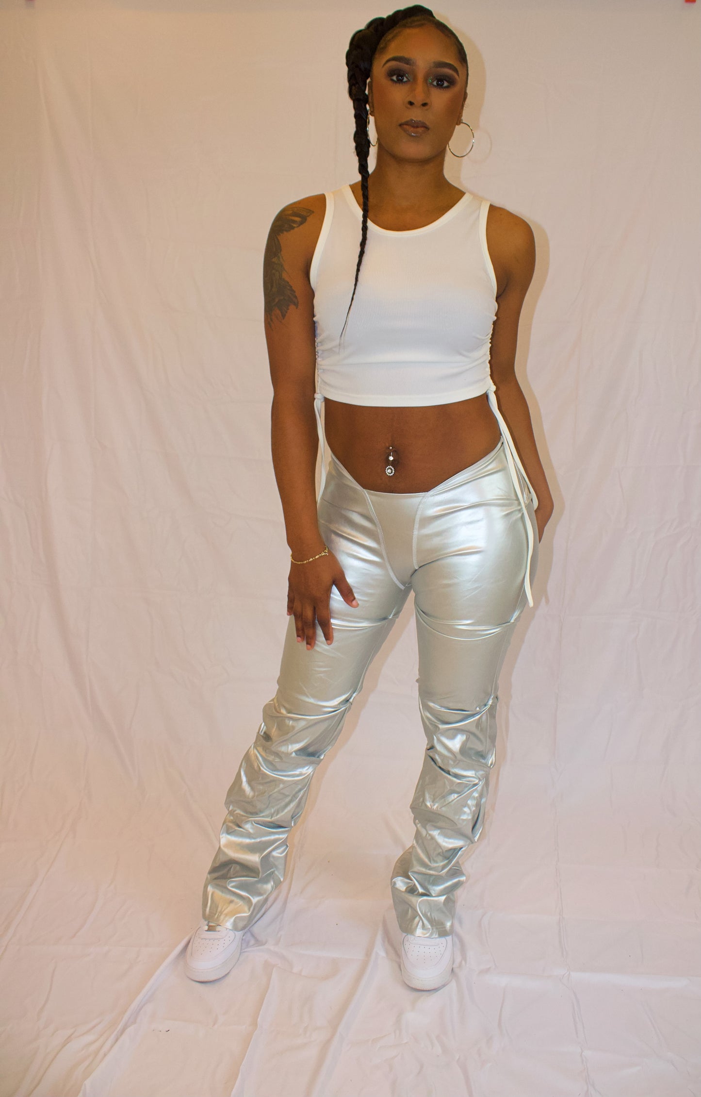 Bodied that leather waist pants (Black & Silver)