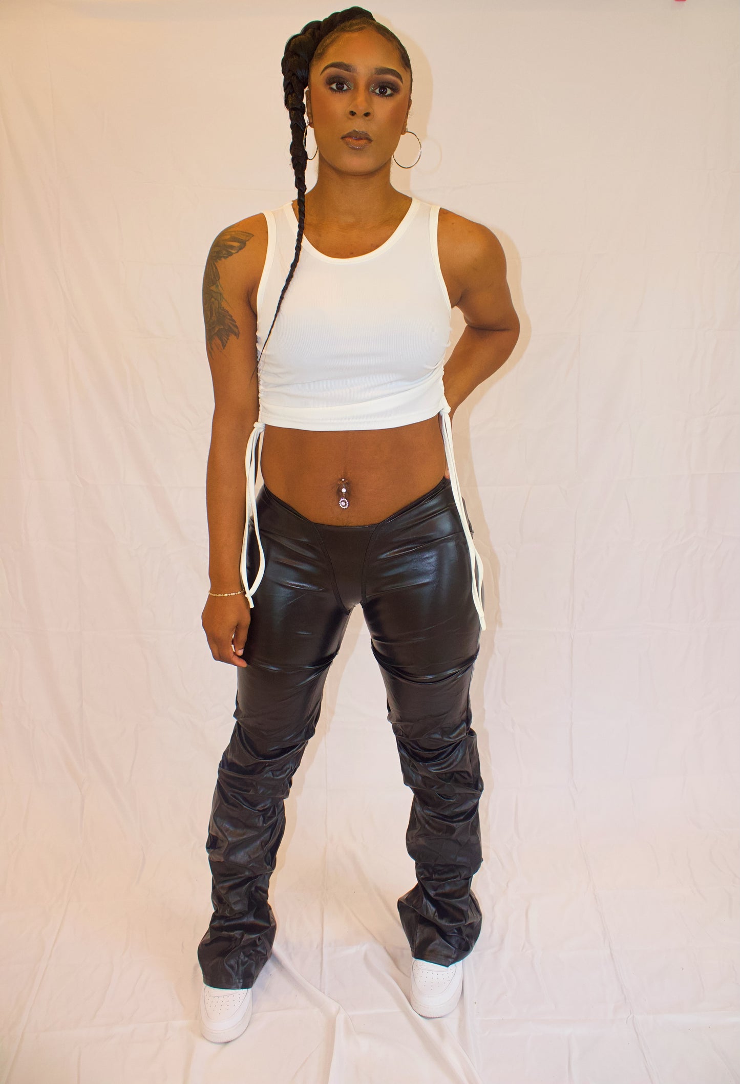 Bodied that leather waist pants (Black & Silver)